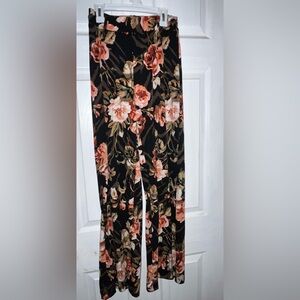 Joan Vass Black and Pink Floral Wide Leg Pants, Size S/P